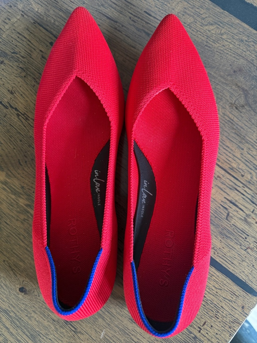 Rothy's the point II Knit Flats in Lollipop Red with Blue Trim